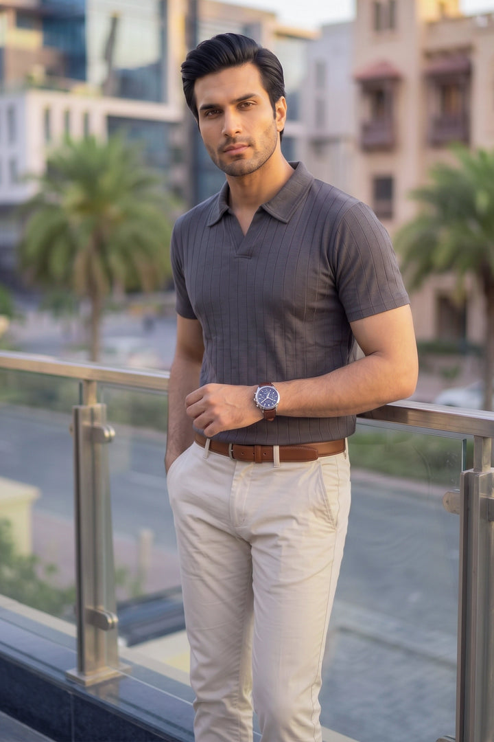 Drop Needle Knit Polo Shirt – Grey