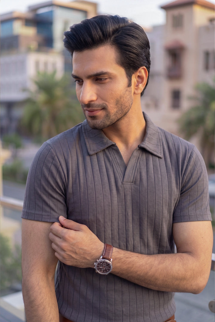 Drop Needle Knit Polo Shirt – Grey