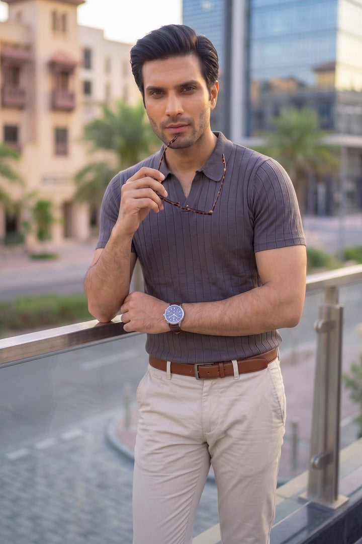Drop Needle Knit Polo Shirt – Grey