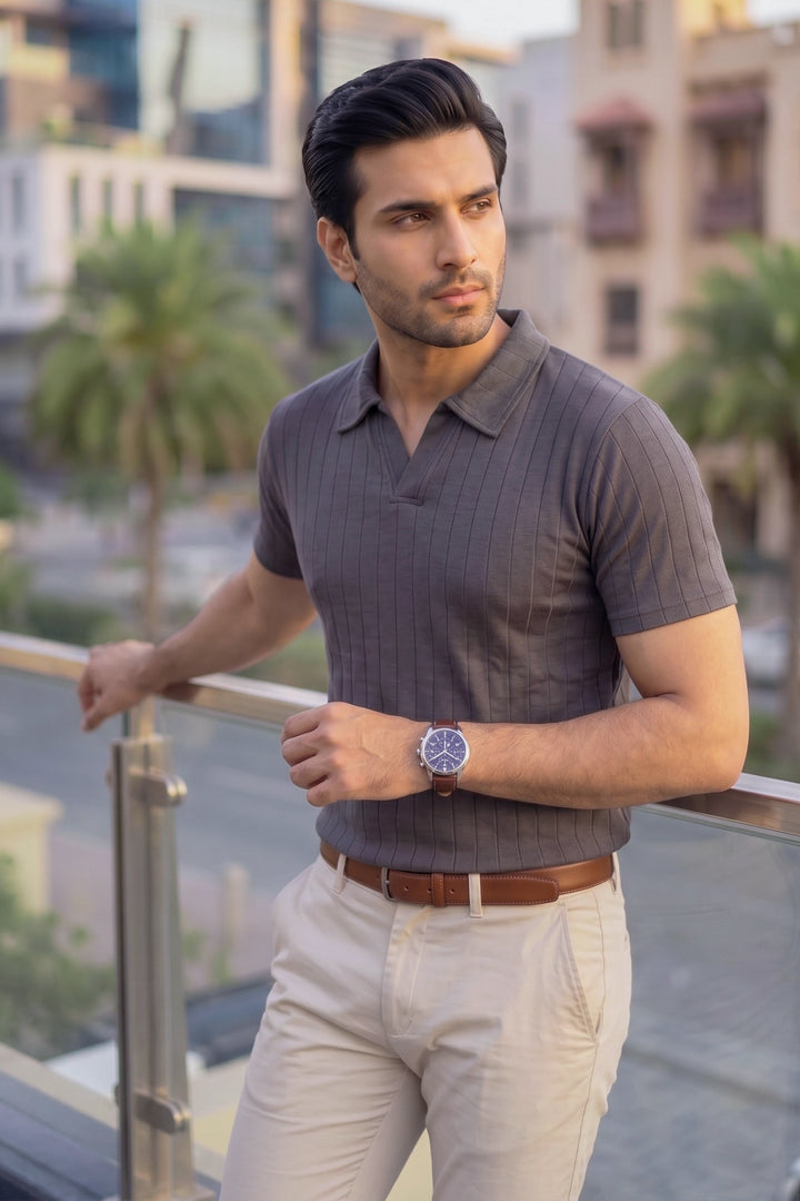 Drop Needle Knit Polo Shirt – Grey