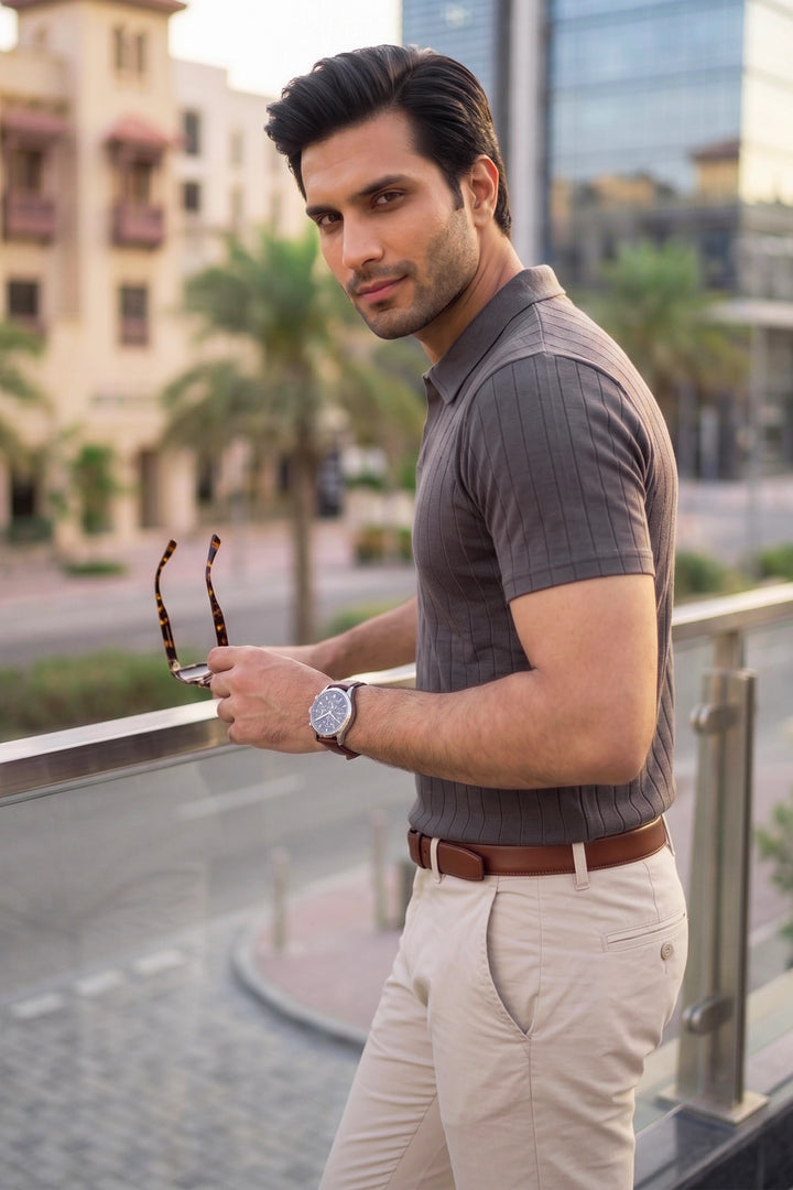 Drop Needle Knit Polo Shirt – Grey