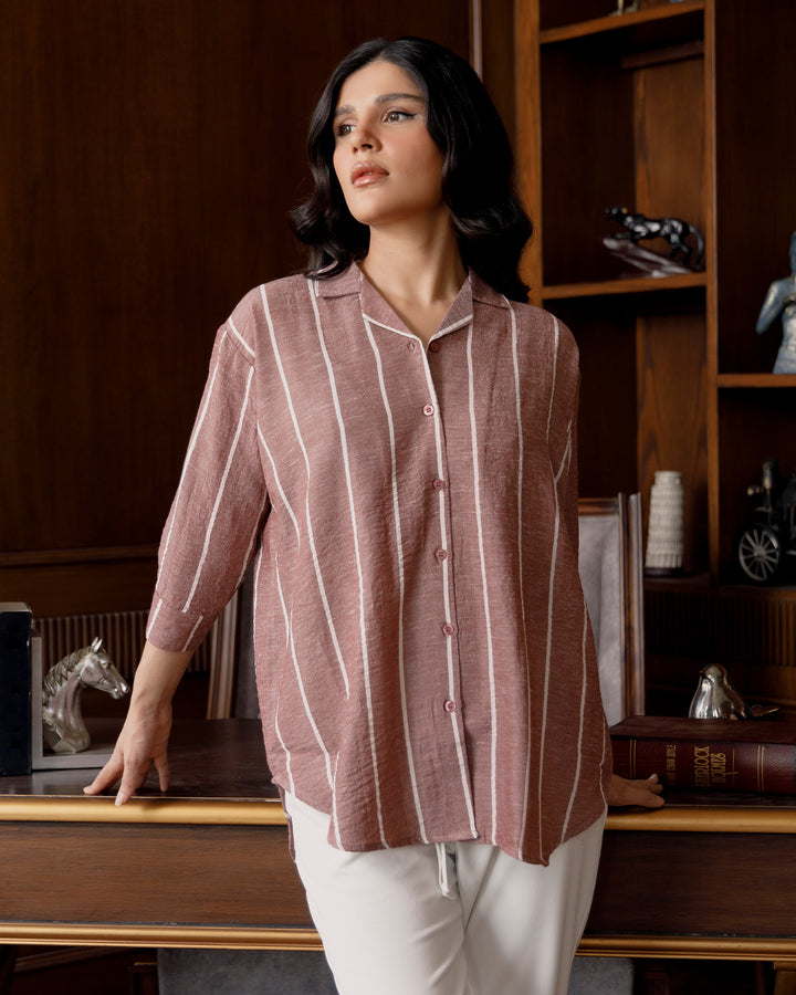 Autumn Rose Striped Cuban Collar Shirt