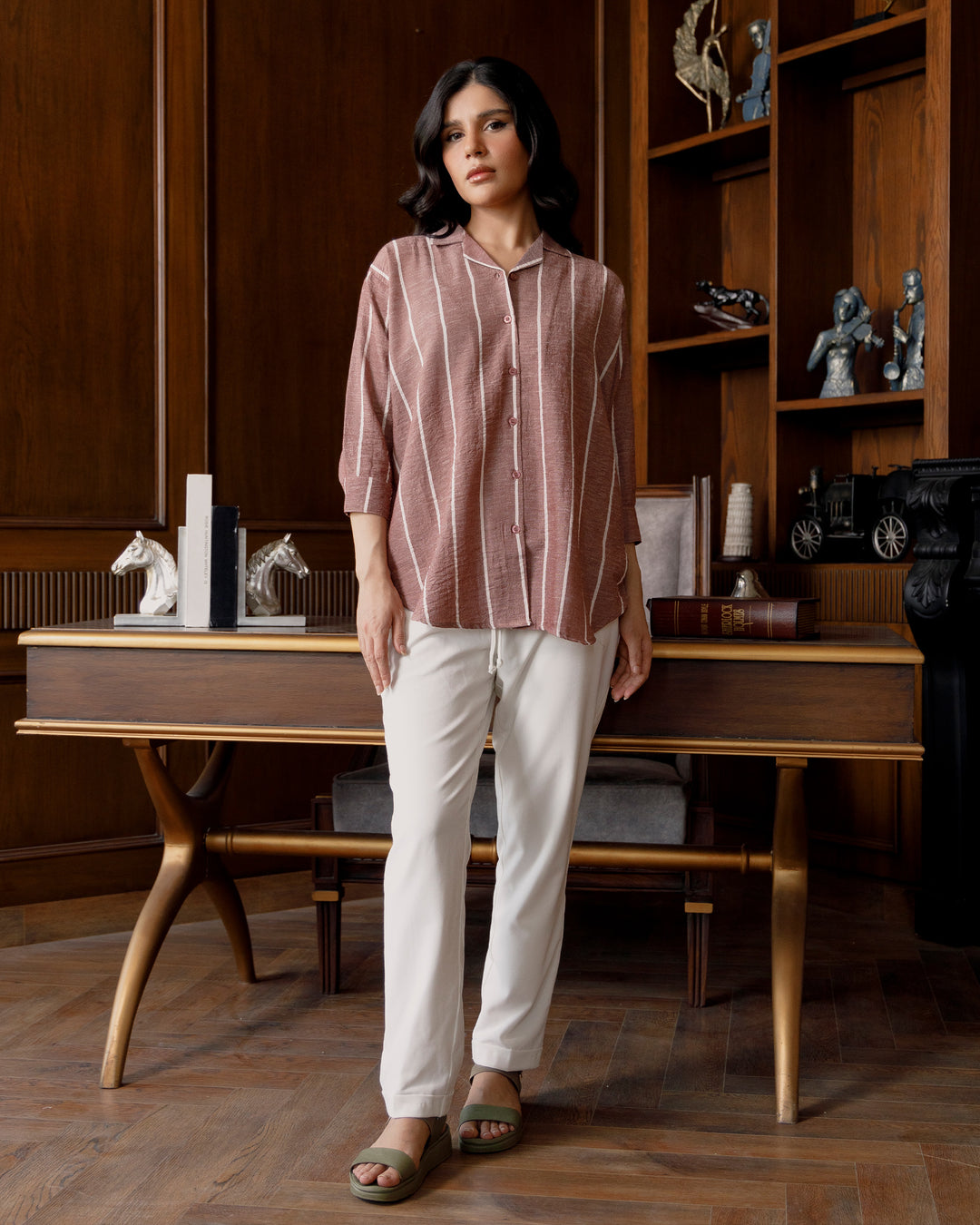 Autumn Rose Striped Cuban Collar Shirt