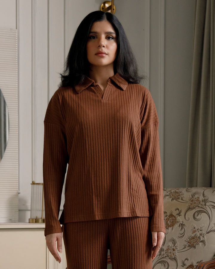 Brown Textured Rib Top