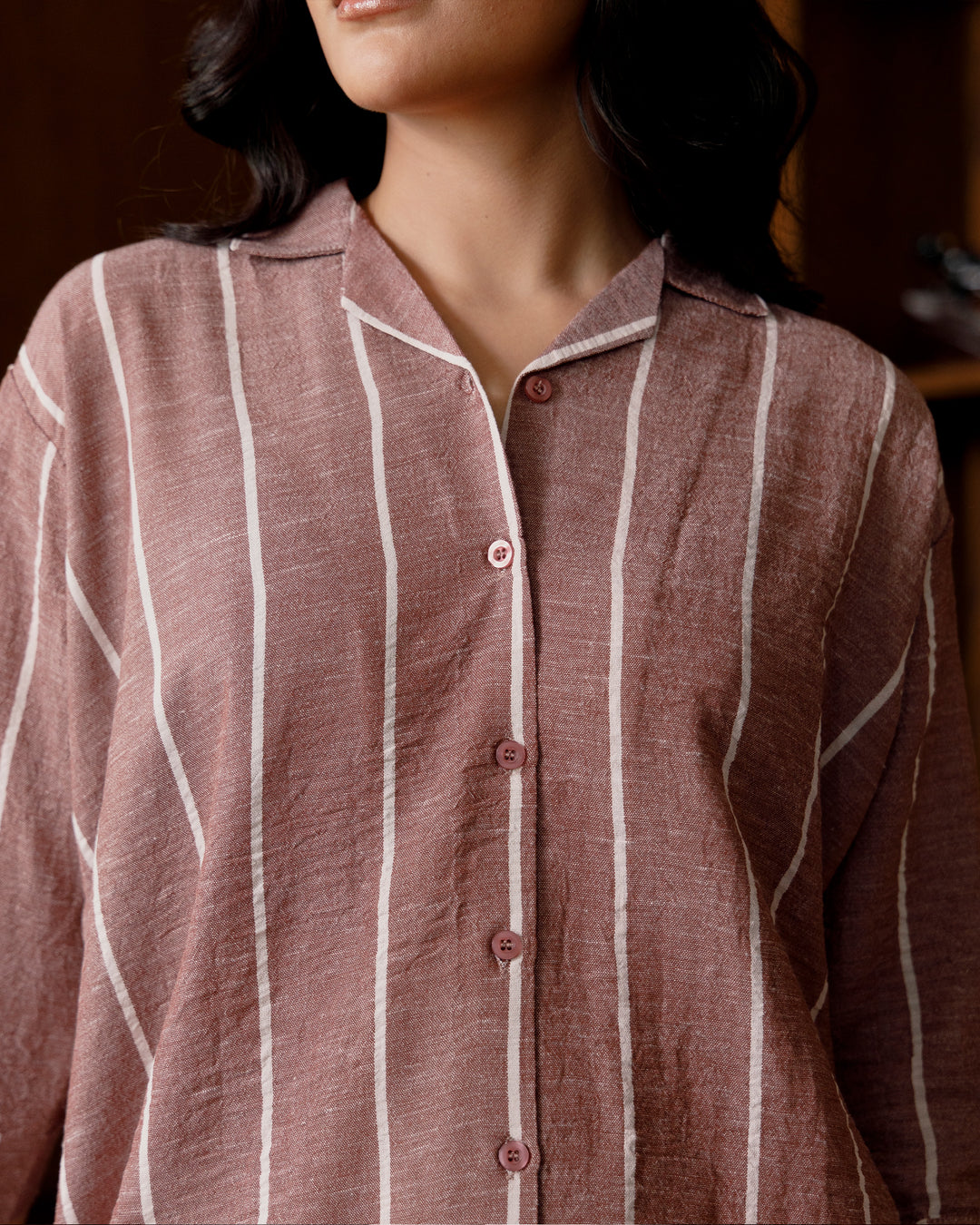 Autumn Rose Striped Cuban Collar Shirt