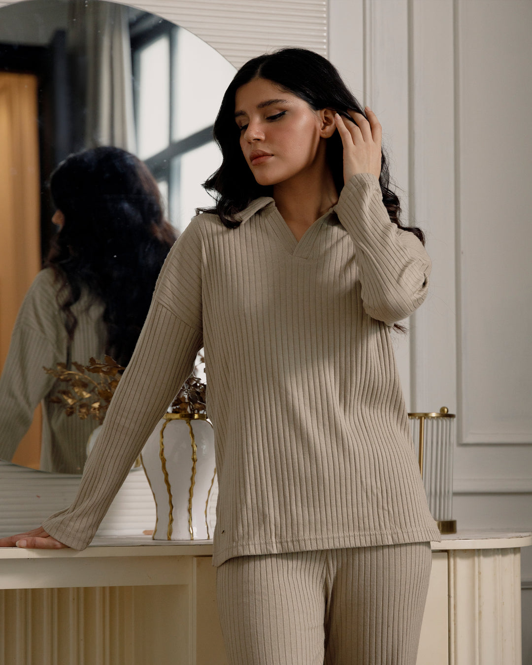Beige Textured Rib Top