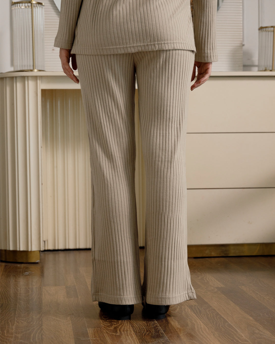 Beige Textured Rib Trousers