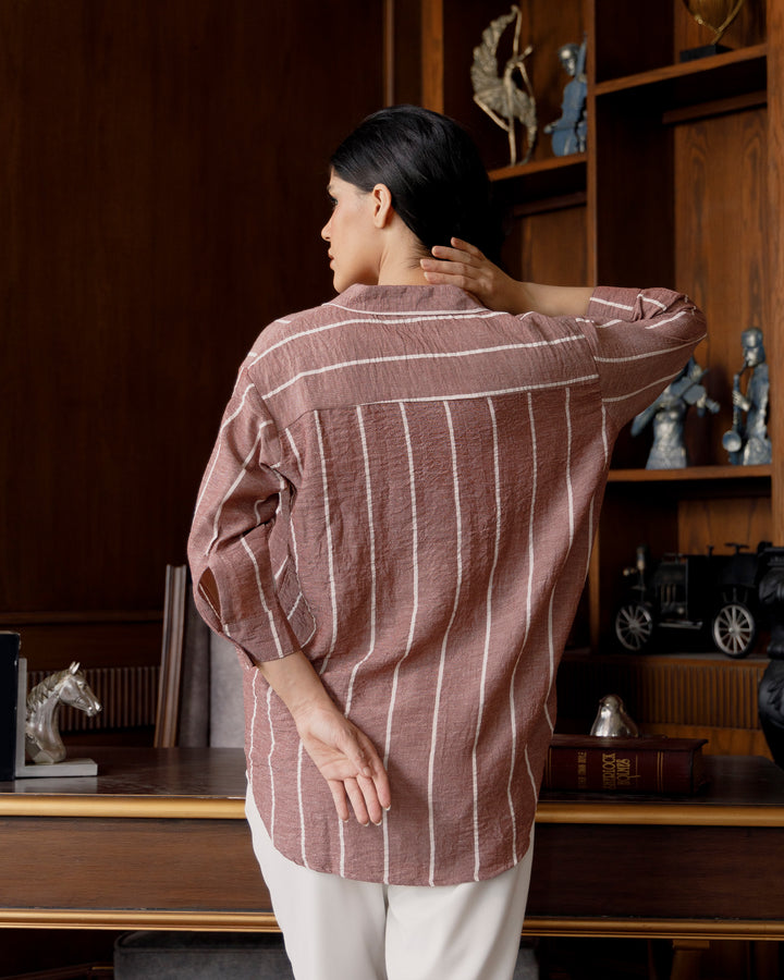 Autumn Rose Striped Cuban Collar Shirt