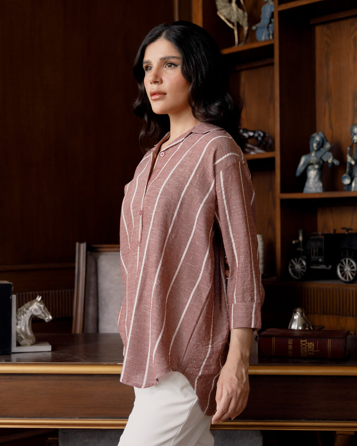 Autumn Rose Striped Cuban Collar Shirt