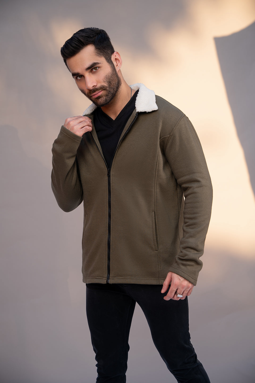 Army Green Jacket with Sherpa Collar