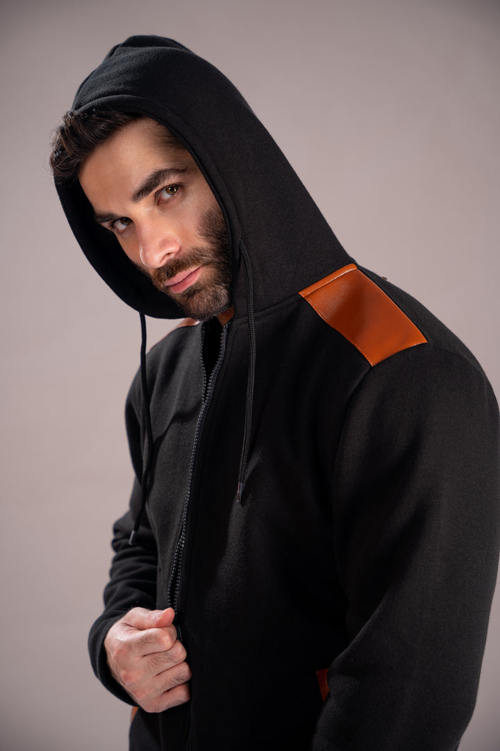 Black with Brown Leather Hoodie