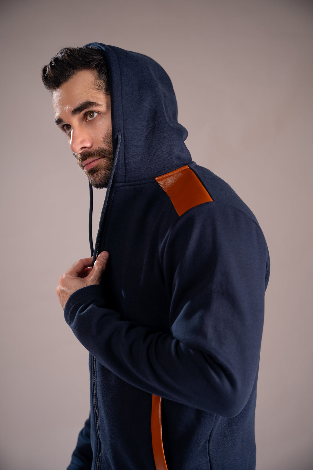 Blue with Brown Leather Hoodie