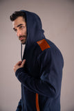 Blue with Brown Leather Hoodie Zipper