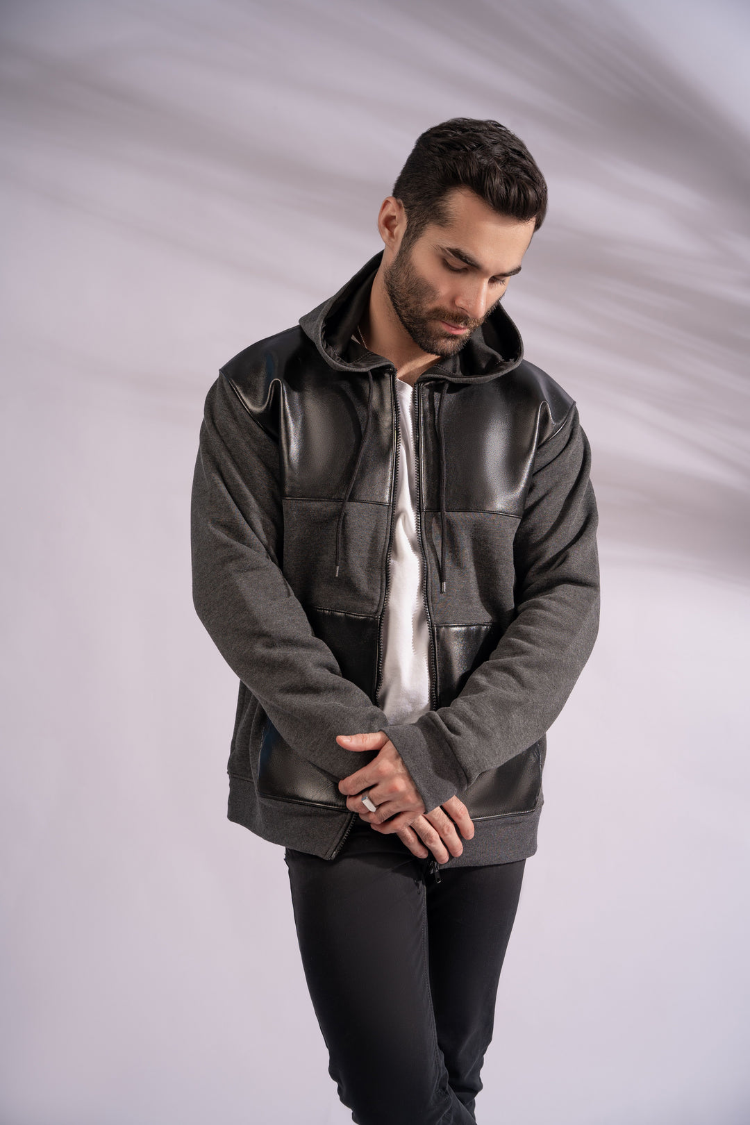 Grey Leather Patch Jacket