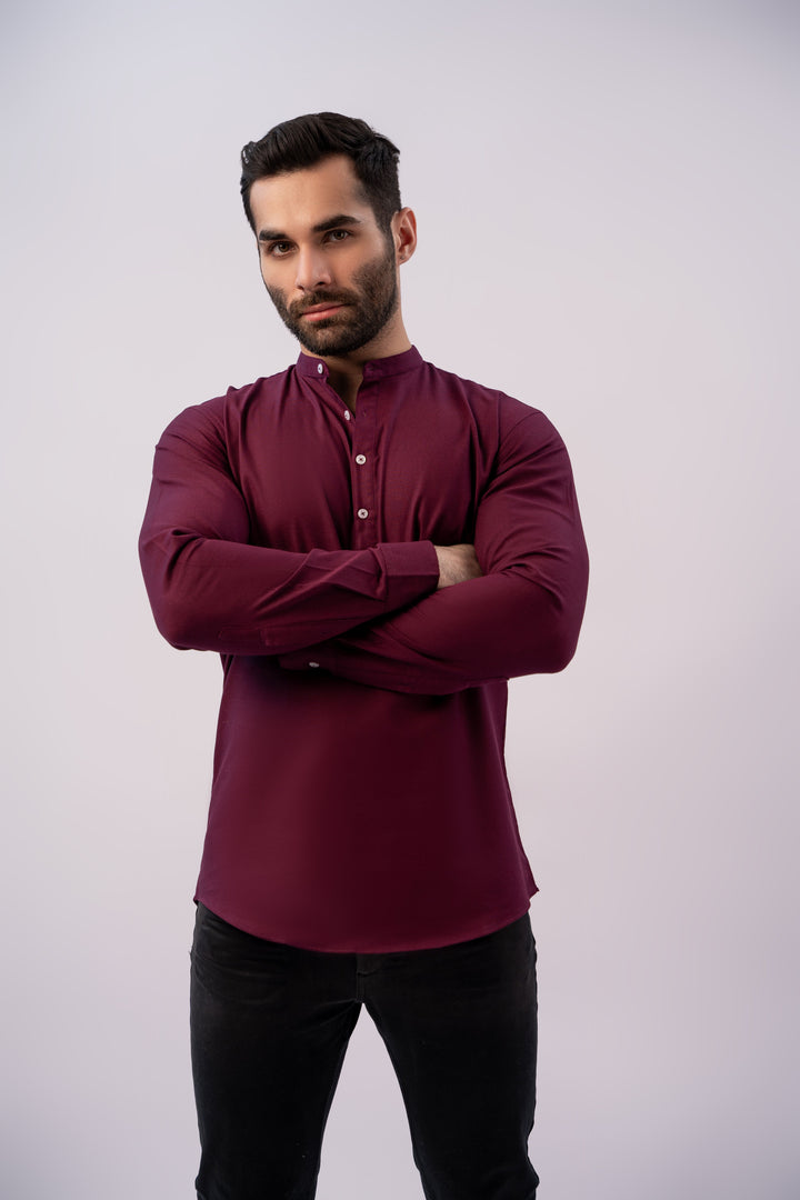 Burgundy Mandarin Collar Shirt