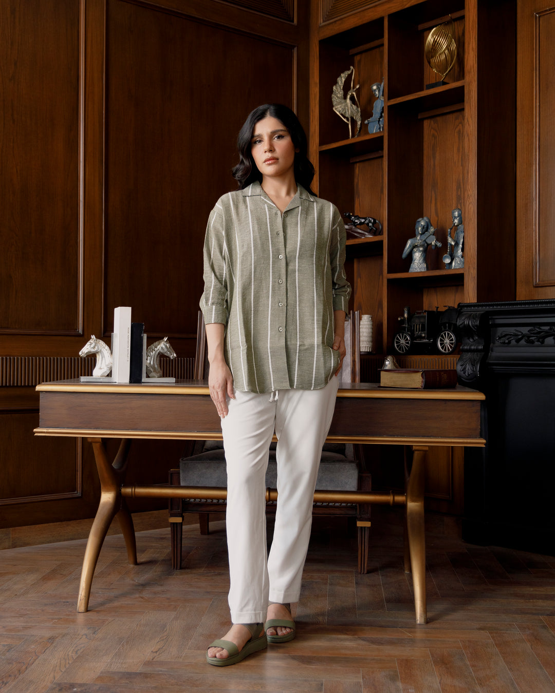 Olive Striped Cuban Collar Shirt