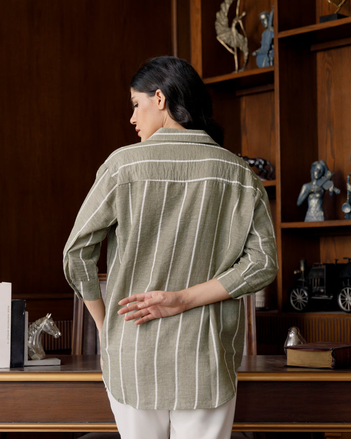 Olive Striped Cuban Collar Shirt