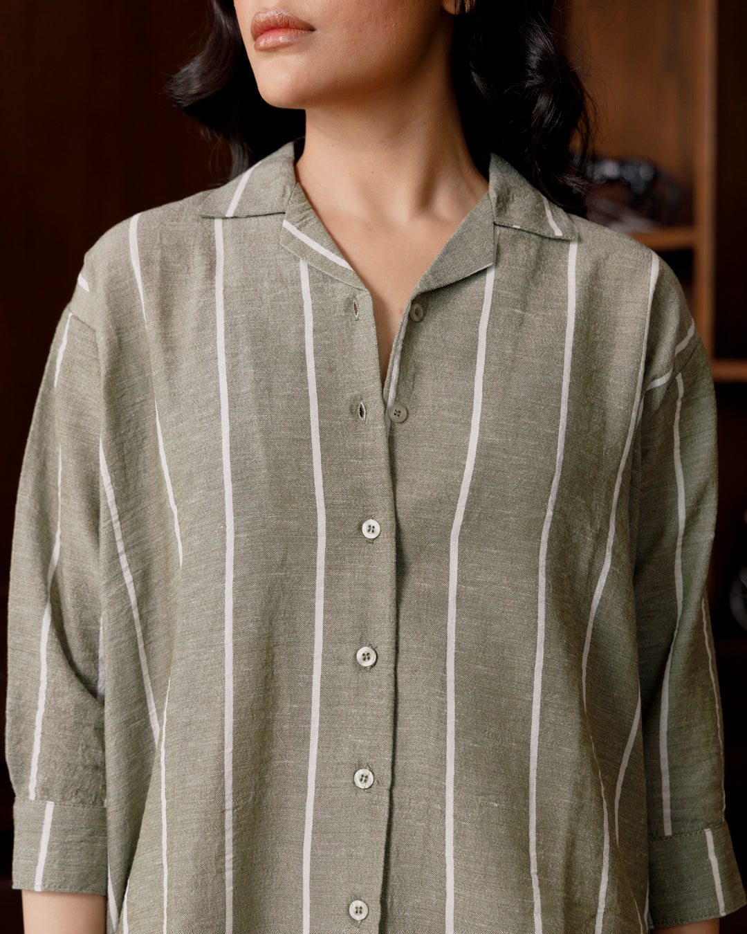 Olive Striped Cuban Collar Shirt