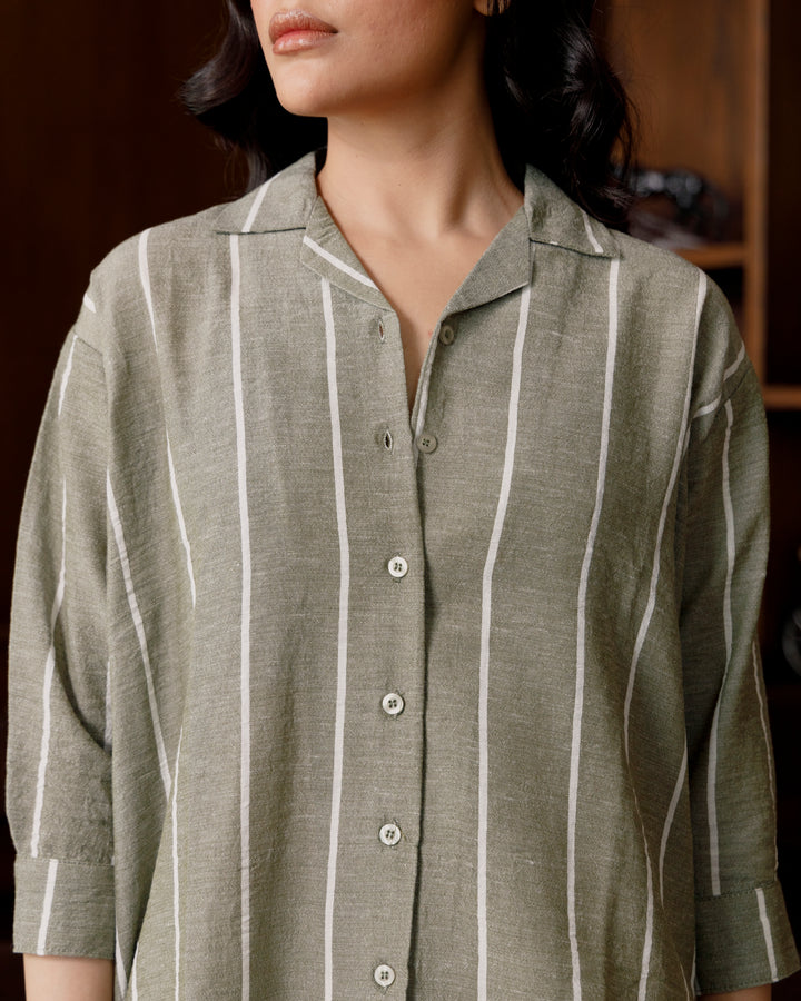 Olive Striped Cuban Collar Shirt