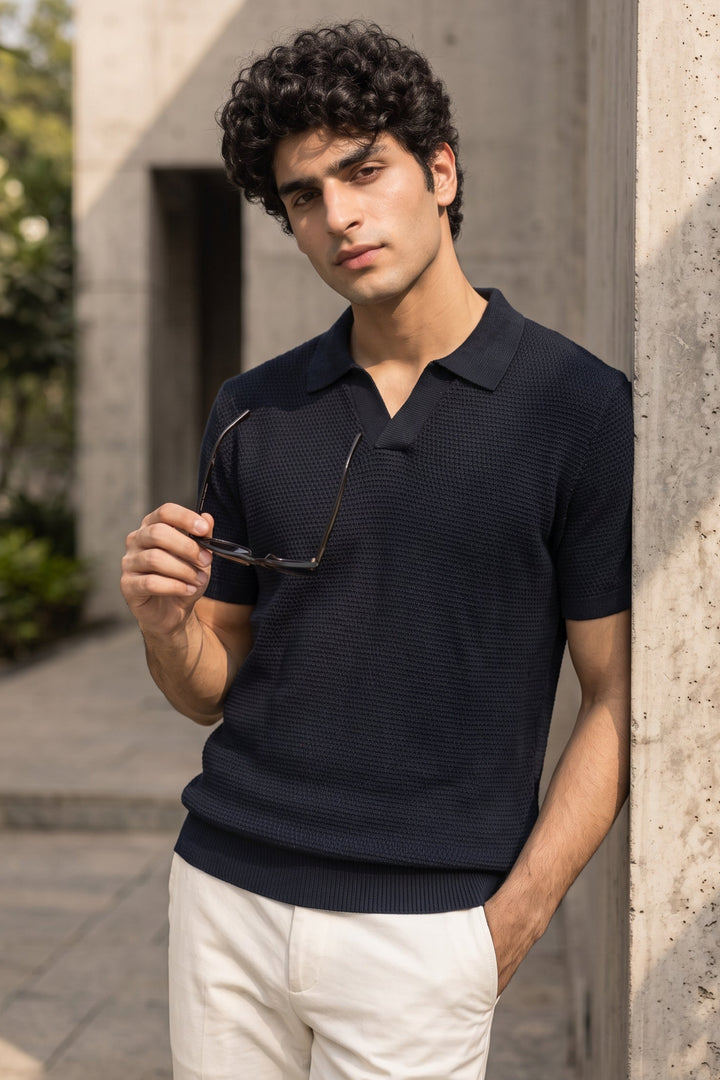 Textured Knit Polo – Navy