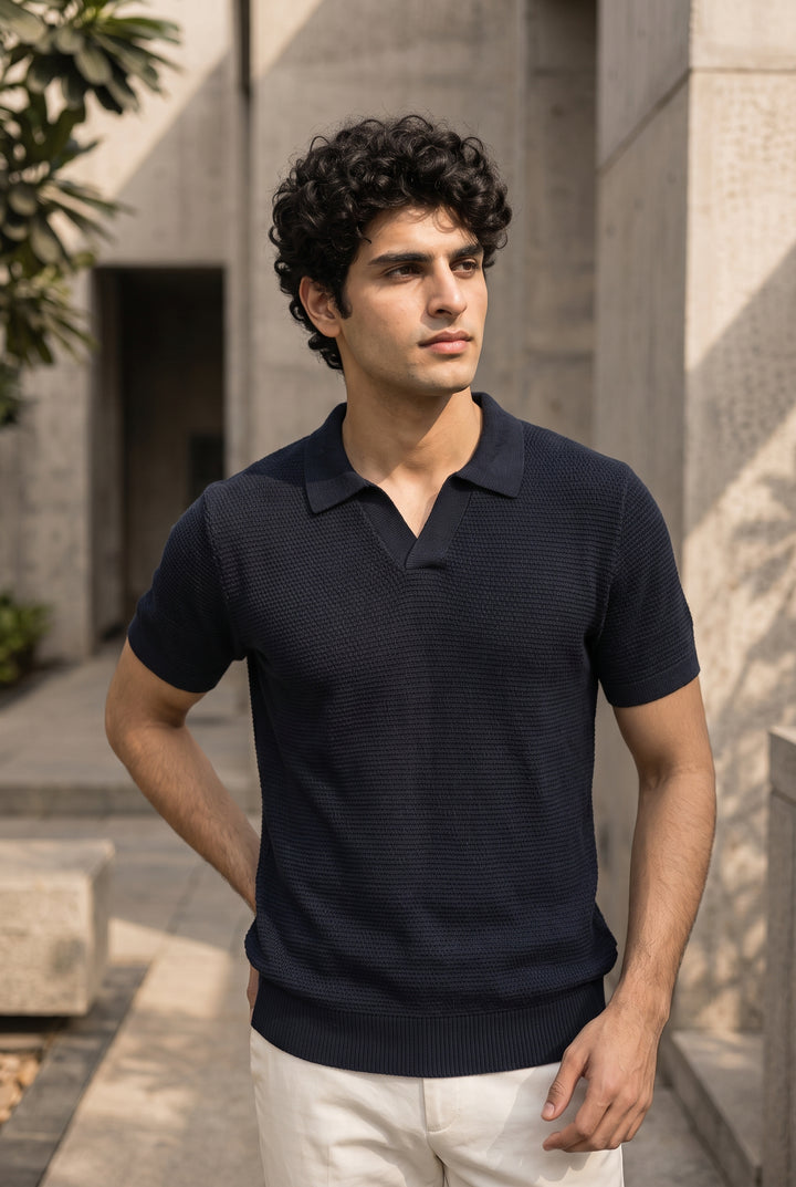 Textured Knit Polo – Navy
