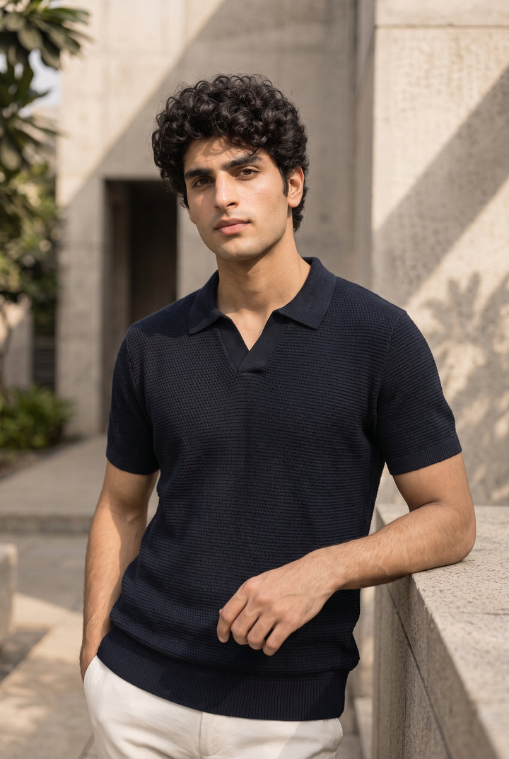 Textured Knit Polo – Navy