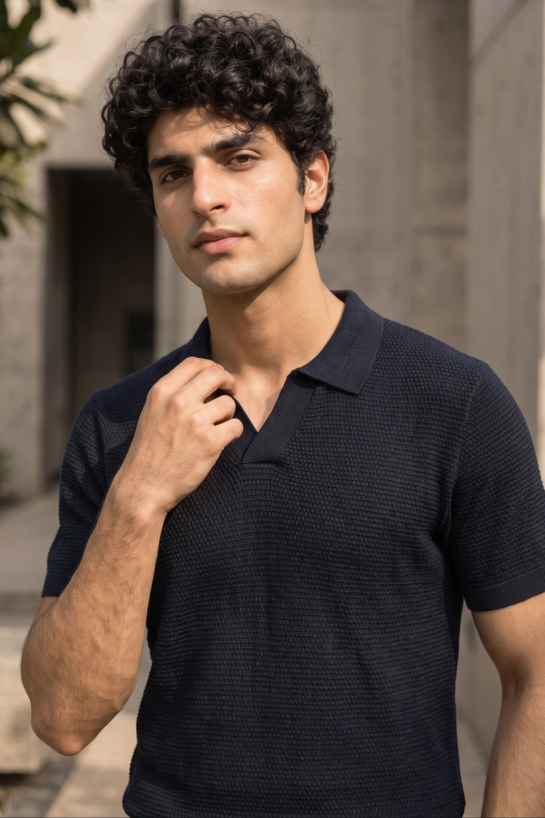 Textured Knit Polo – Navy