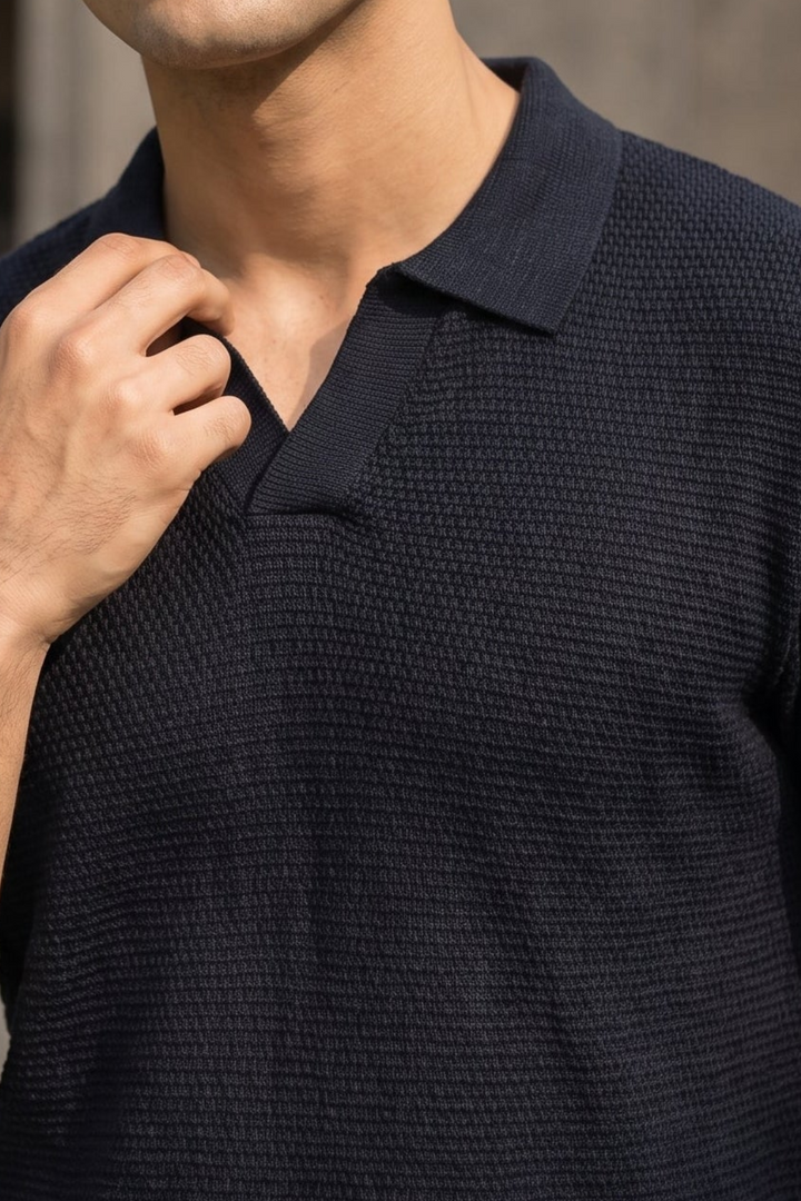Textured Knit Polo – Navy