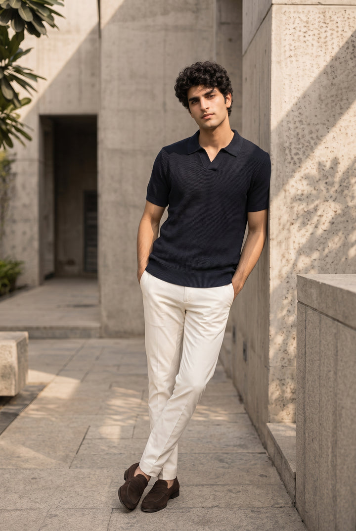 Textured Knit Polo – Navy