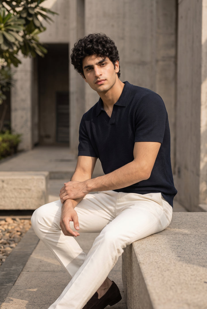 Textured Knit Polo – Navy