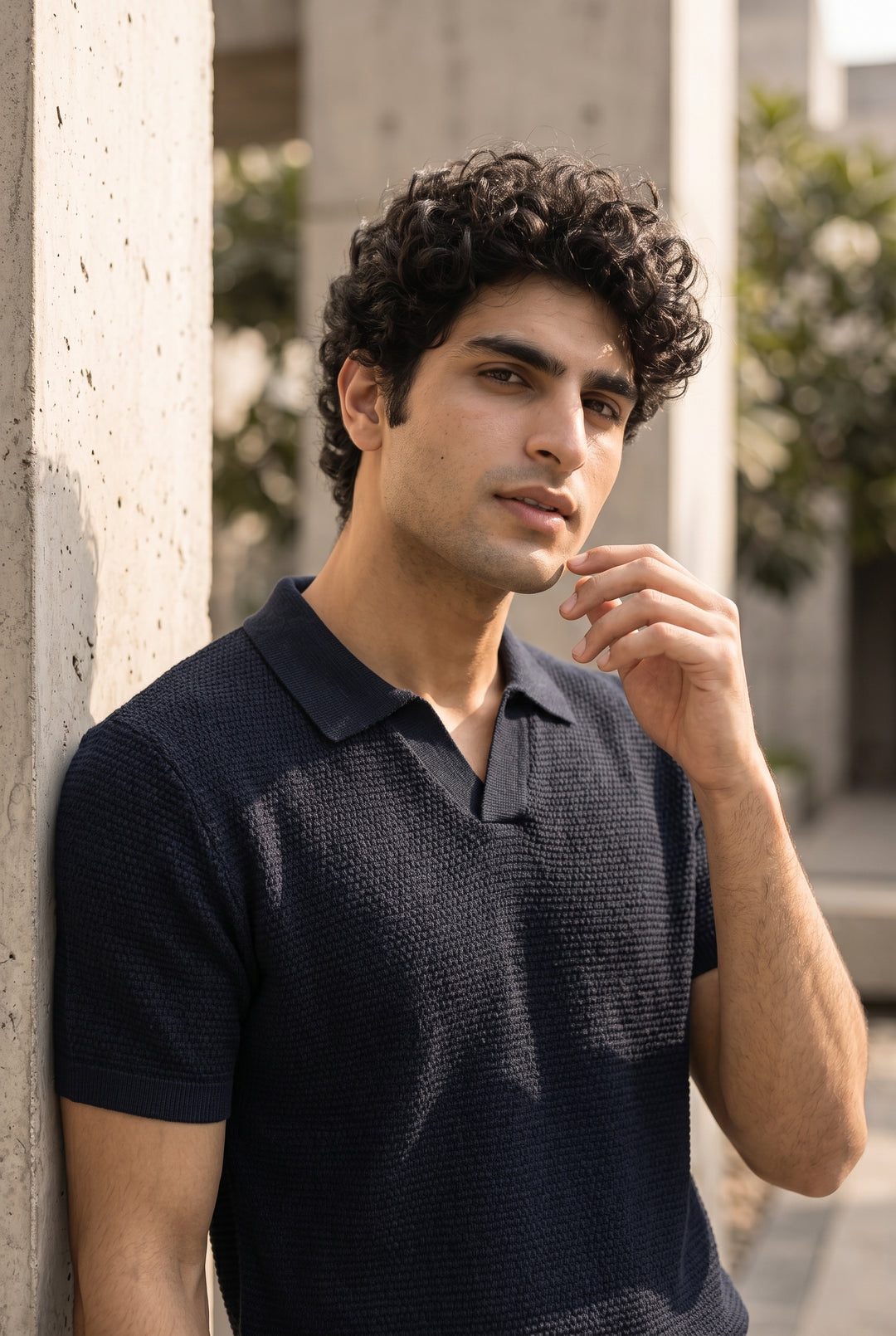 Textured Knit Polo – Navy