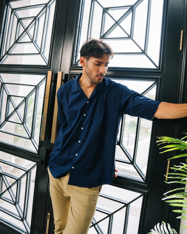 Navy Blue Cuban Collar Shirt