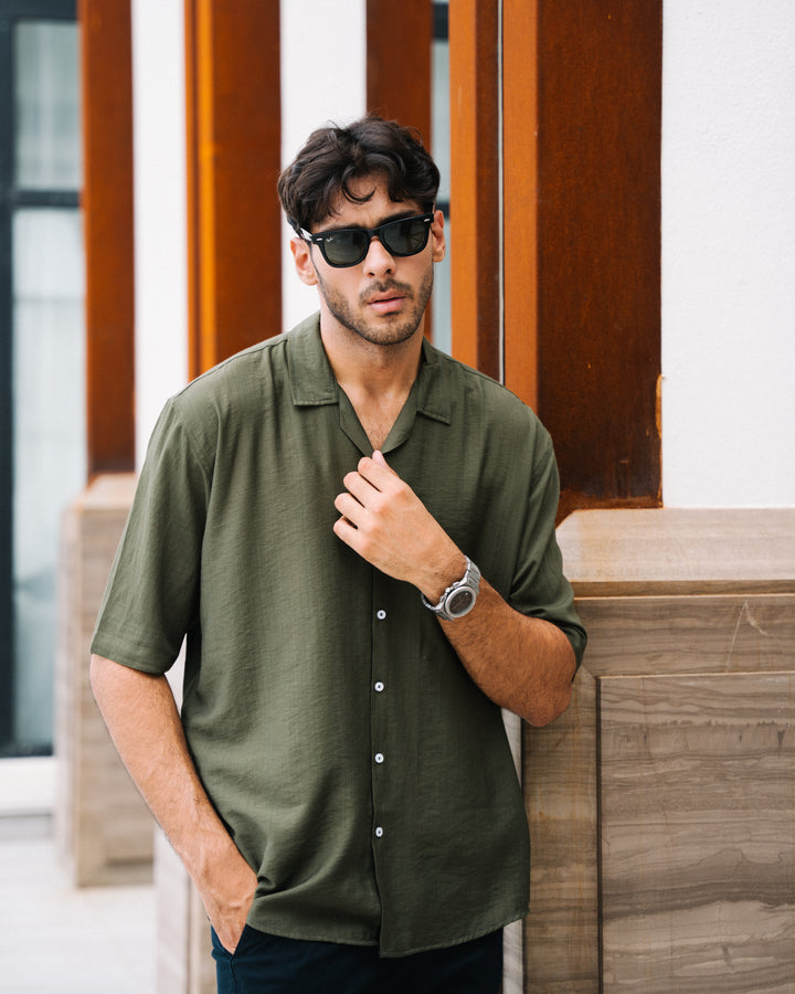 Dark Green Cuban Collar Shirt