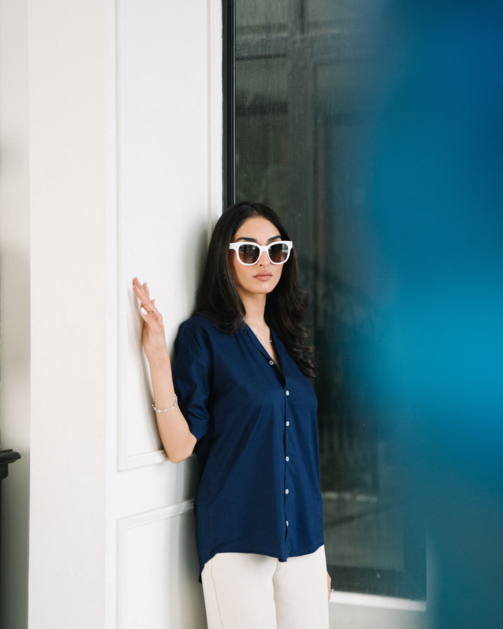 Navy Blue Cuban Collar Shirt