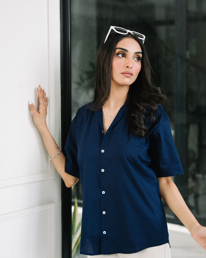 Navy Blue Cuban Collar Shirt