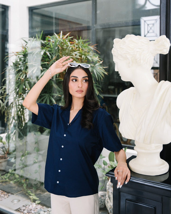 Navy Blue Cuban Collar Shirt