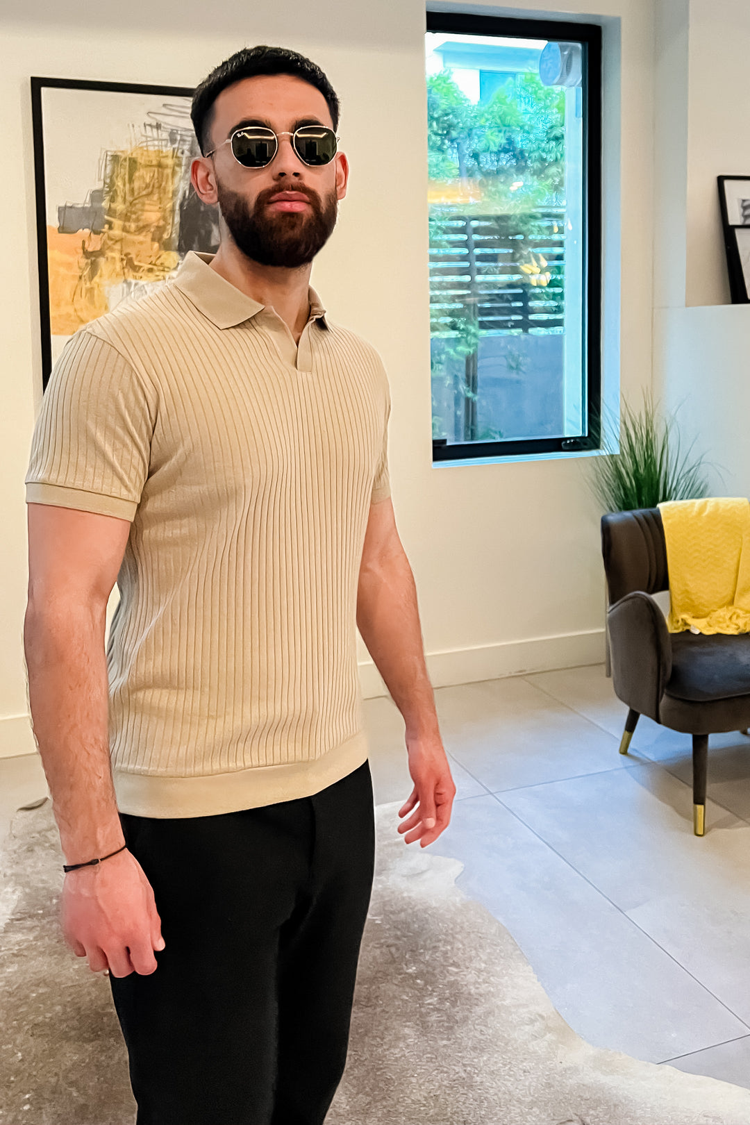 Beige Rib Knit Polo