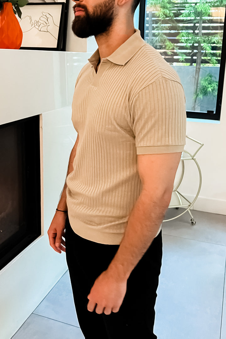 Beige Rib Knit Polo
