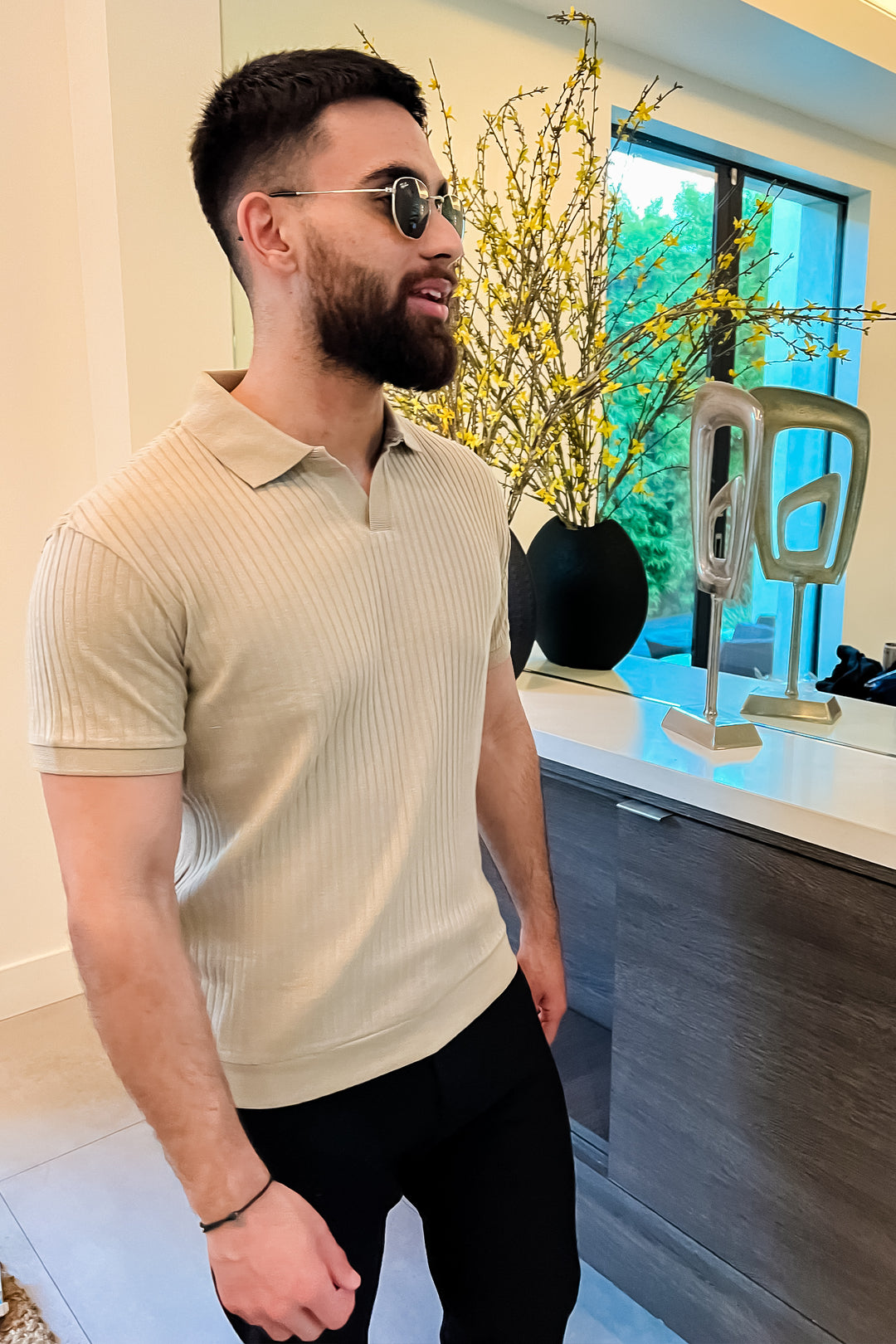 Beige Rib Knit Polo
