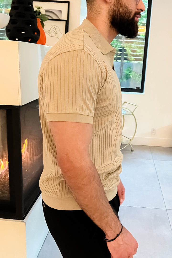 Beige Rib Knit Polo