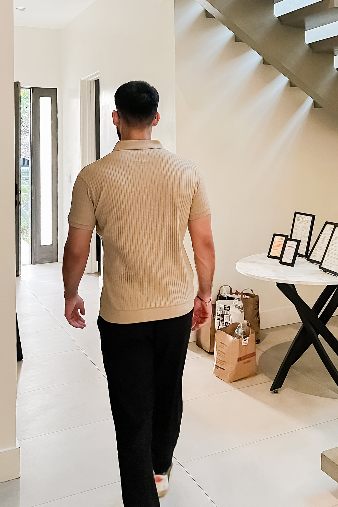 Beige Rib Knit Polo