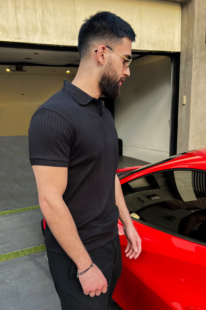 Black Rib Knit Polo