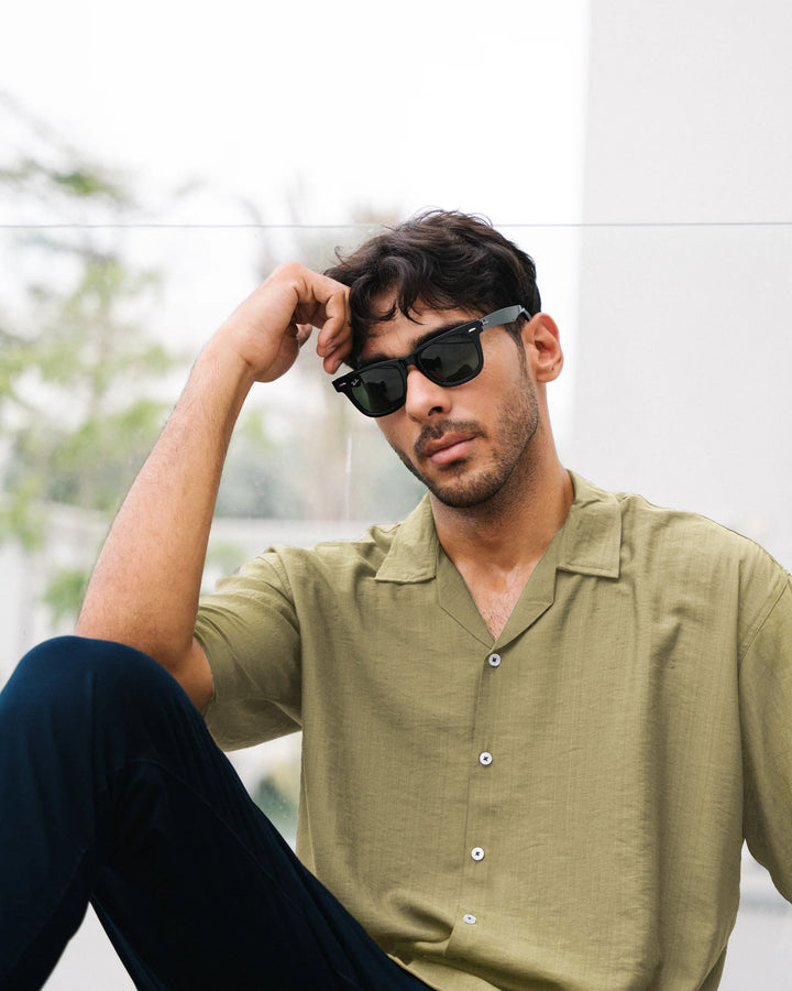 L-Green Cuban Collar Shirt