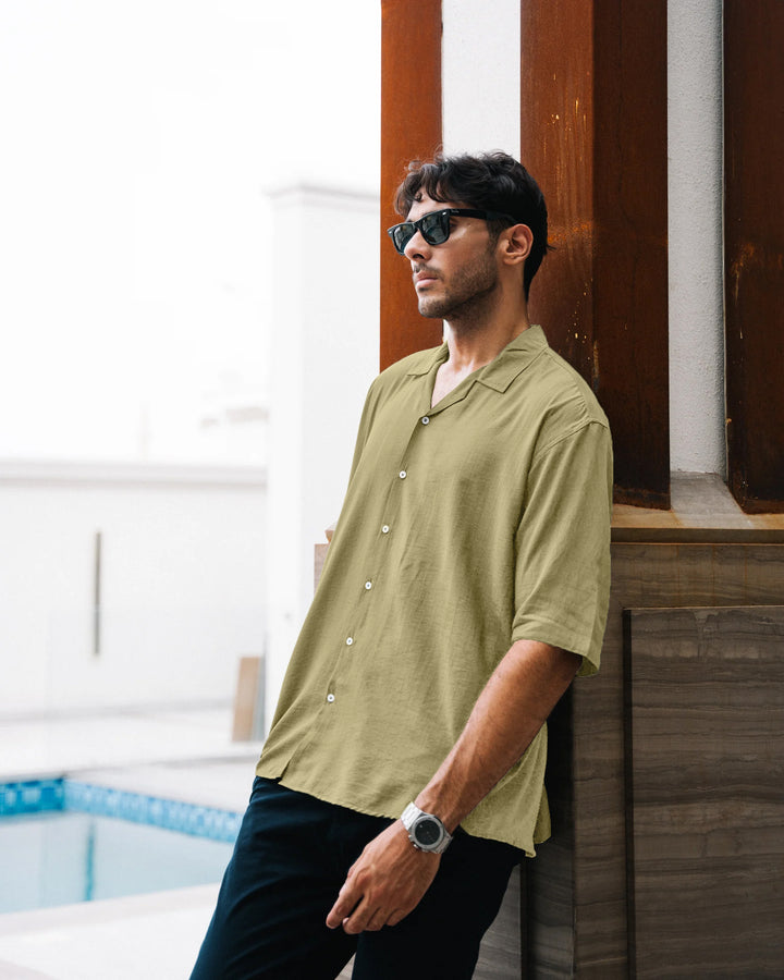 L-Green Cuban Collar Shirt