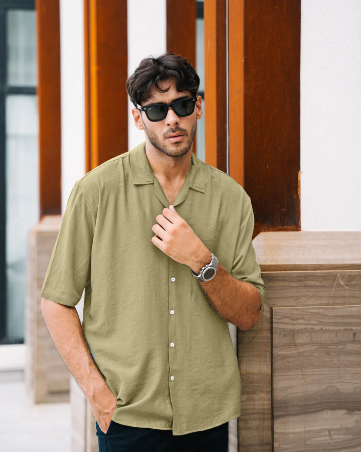 L-Green Cuban Collar Shirt
